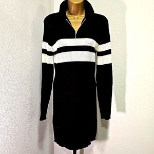 Vtg 80s 1/4 Zip Sweater Dress M Ribbed Varsity Tennis Stripe Black White Preppy
